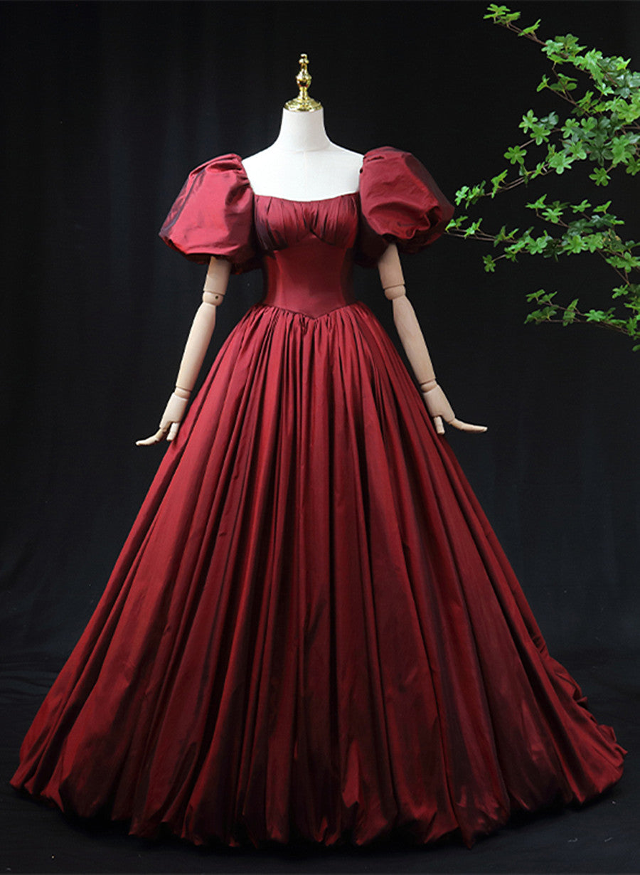 Vestido de fiesta largo de tafetán rojo vino con mangas cortas 