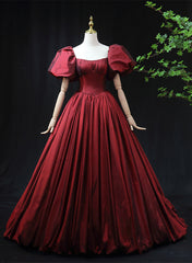 Vestido de fiesta largo de tafetán rojo vino con mangas cortas 
