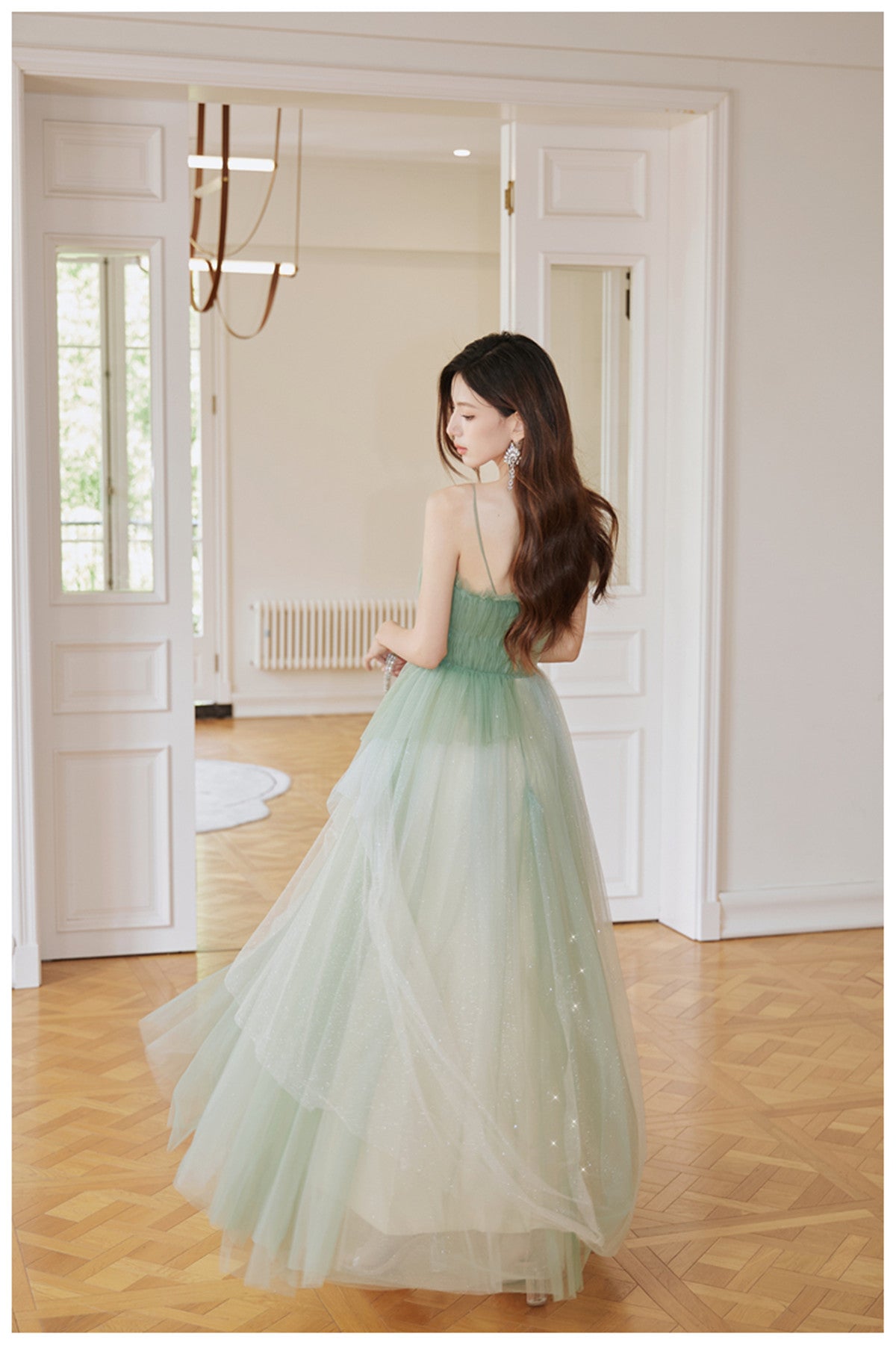 Light Green Tulle Straps Long Prom Dress