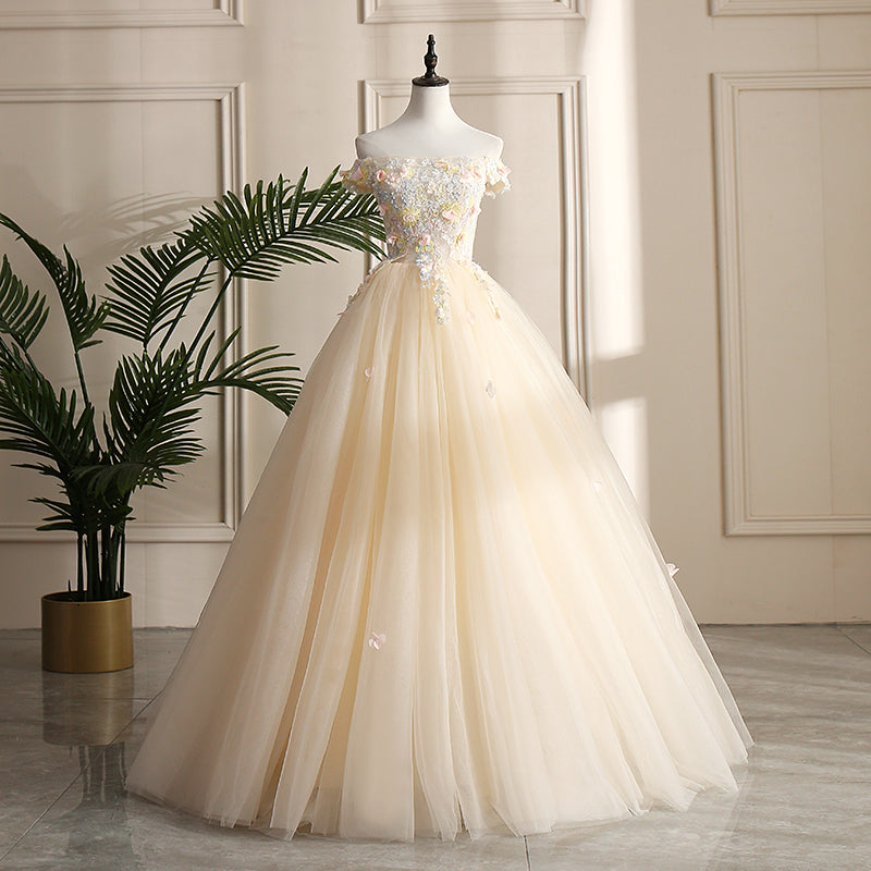 Pretty Tulle Champagne Off Shoulder  Prom Dress