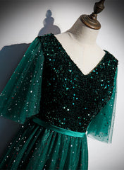 Vestidos de fiesta de boda largos de tul brillante con escote en V verde 