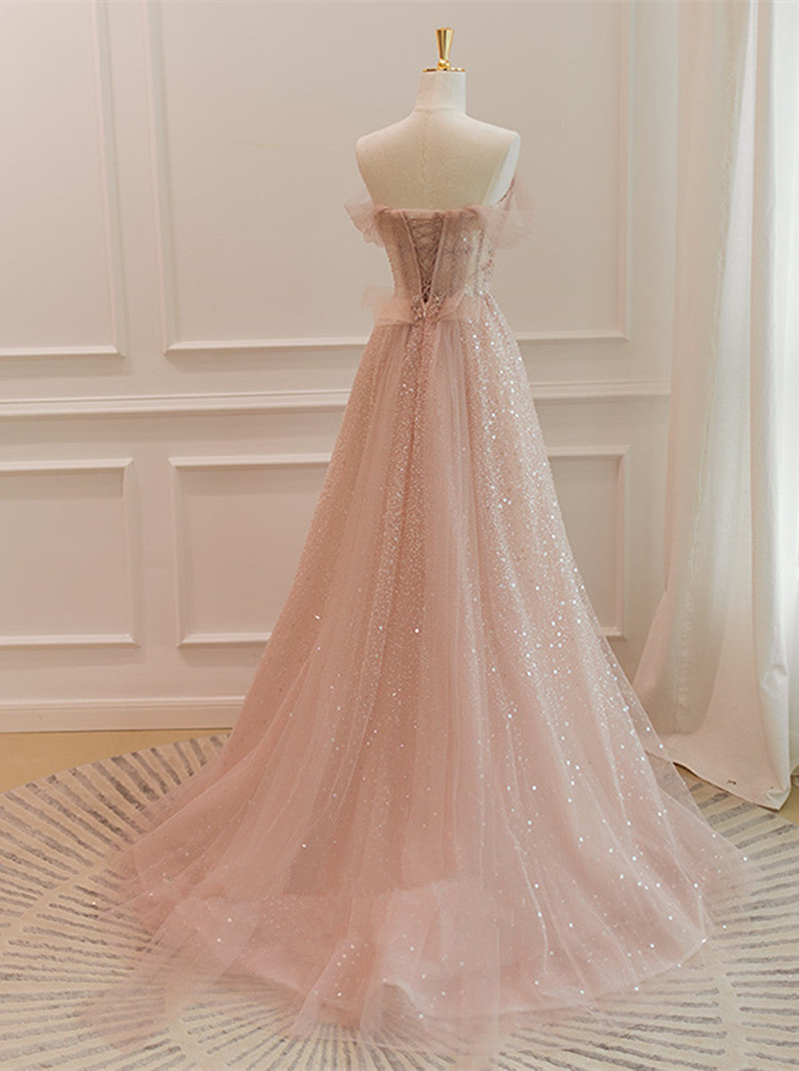 Vestido formal largo de corte A en tul rosa brillante con cuentas 