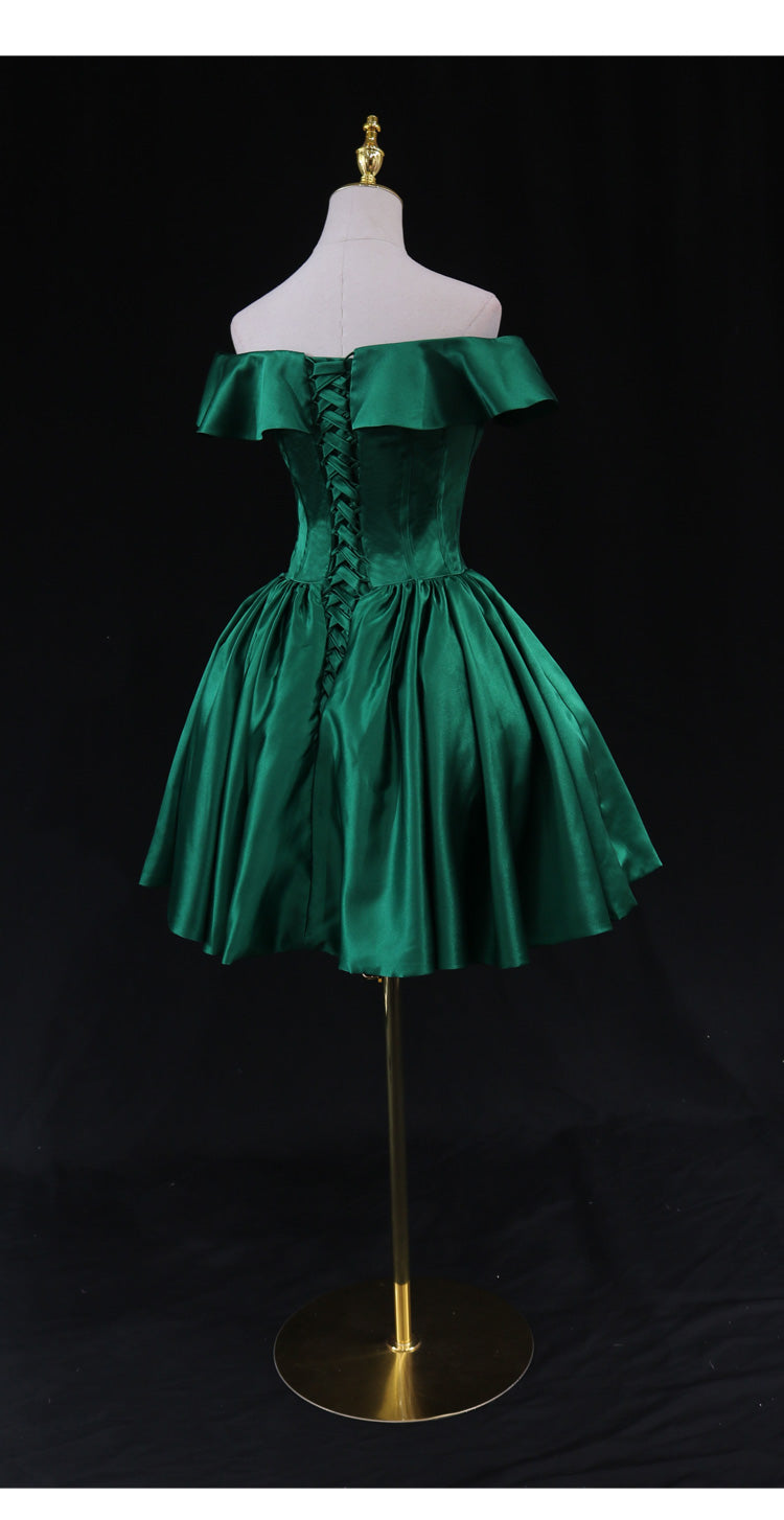 Vestido corto de satén verde para fiesta de bienvenida y graduación 