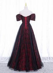 Vestido de fiesta largo con escote en forma de corazón de encaje negro y rojo 