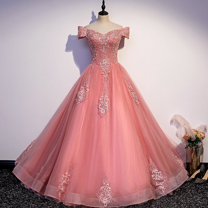 Encantador vestido de fiesta rosa con apliques de encaje y hombros descubiertos 