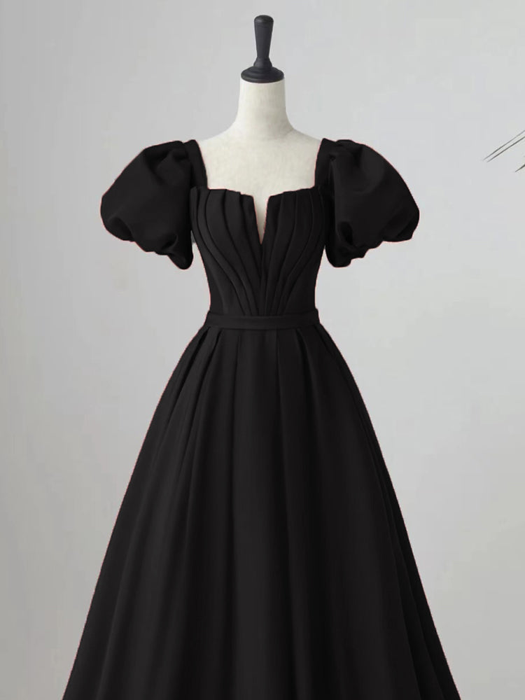 Black Satin Puffy Sleeves Long Evening Party Dress