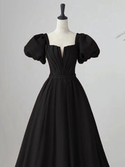 Black Satin Puffy Sleeves Long Evening Party Dress