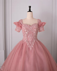 Vestido de fiesta de tul rosa con apliques de encaje para quinceañeras 