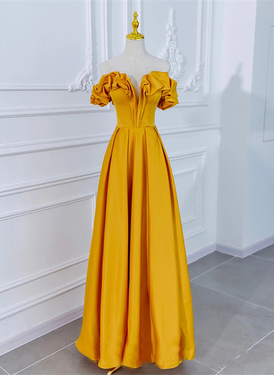 Beautiful Satin Dark Yellow Off Shoulder Party Dress