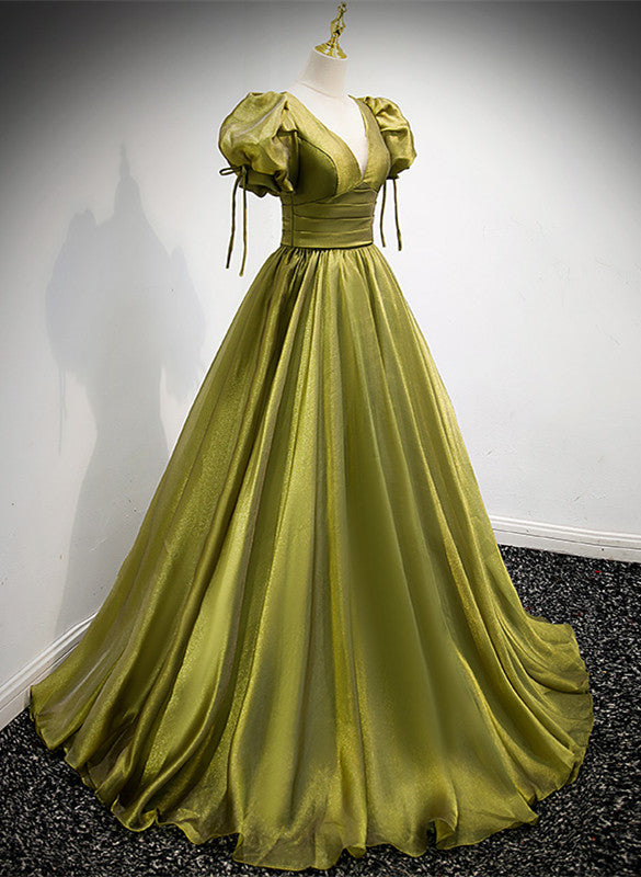 Light Green Short Sleeves Long A-line Prom Dress