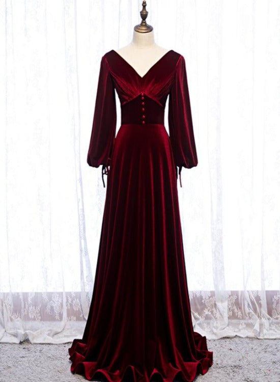 Vestido de fiesta de terciopelo burdeos con mangas largas y corte A 