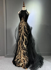 Black Halter Sequins Long Party Dress with God Lace