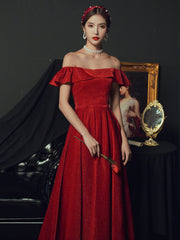 Vestido formal rojo largo de fiesta con hombros descubiertos y corte A 