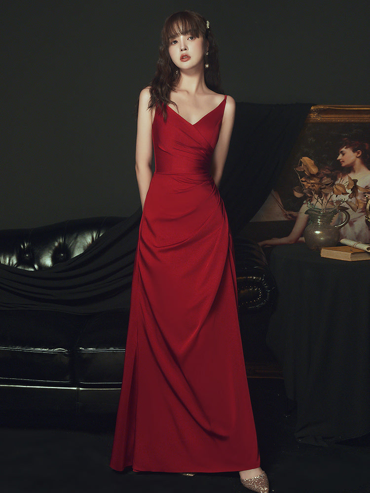 Sexy Wine Red Satin Straps Long Party Dress