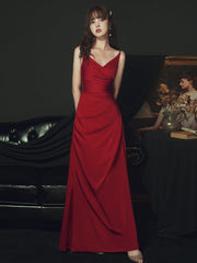 Sexy Wine Red Satin Straps Long Party Dress