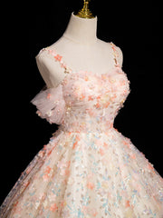 Vestido de fiesta con escote corazón, flores y encaje con tirantes rosas 