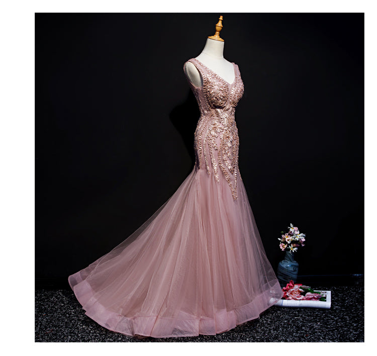 Pink Mermaid Tulle Long Evening Dress with Lace