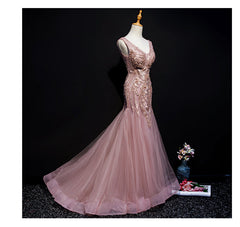 Pink Mermaid Tulle Long Evening Dress with Lace