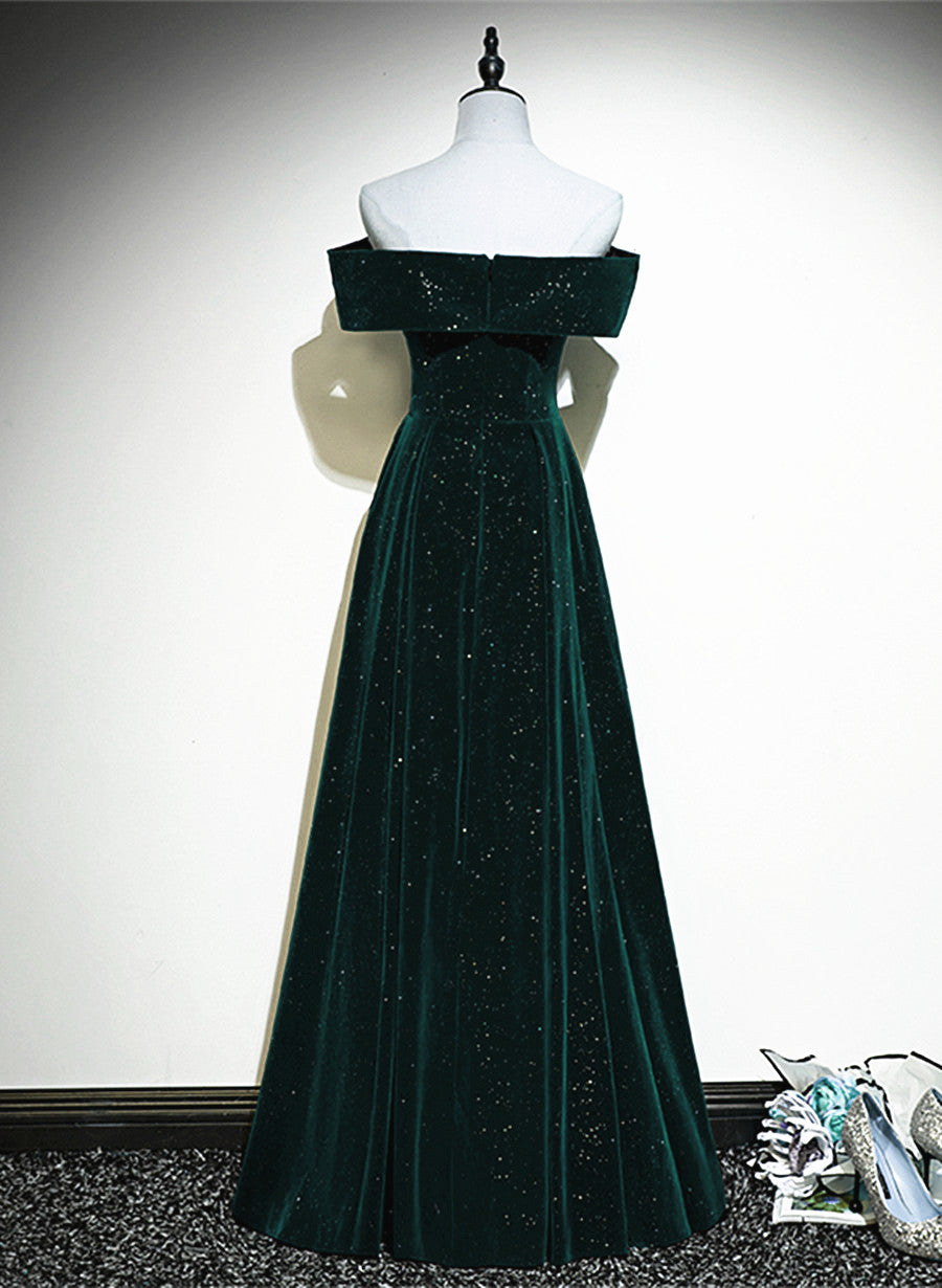 A-line Off Shoulder Green Velvet Simple Party Dress
