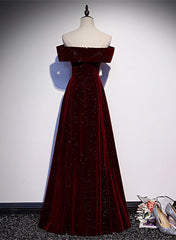 Off Shoulder Wine Red Velvet Long Party Dress