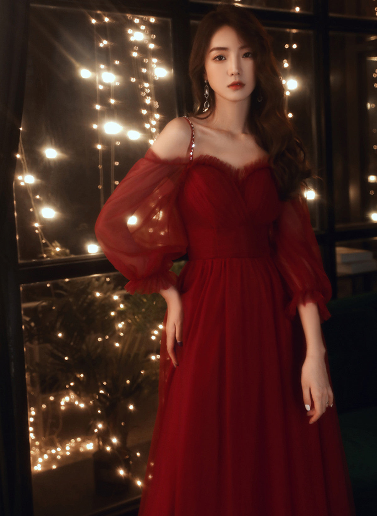 A-line Wine Red Beaded Straps Tulle Prom Dress