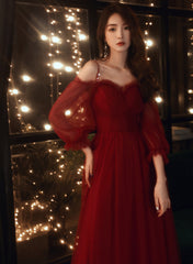 A-line Wine Red Beaded Straps Tulle Prom Dress