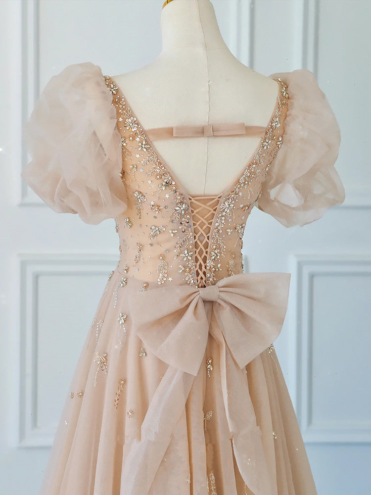 Chamapgne Beaded Short Sleeves Tulle A-line Prom Dress