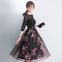 Lovely Black Lace Short Sleeves Floral Tulle Party Dress