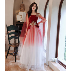 Vestido largo de fiesta de boda con flores y tul degradado rojo 