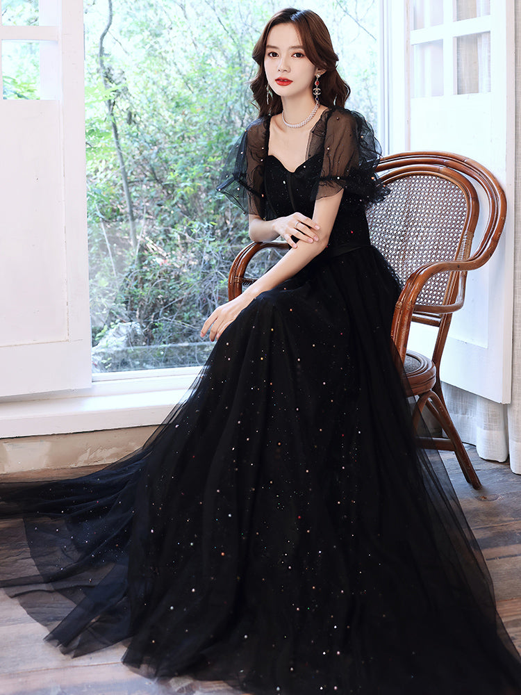Black Off Shoulder Tulle Long Party Dress