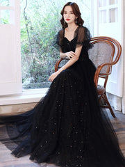 Black Off Shoulder Tulle Long Party Dress