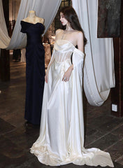 Vestido de noche largo de satén blanco con escote en A y escote redondo 