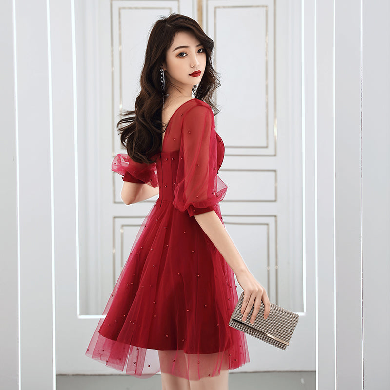 Vestido de fiesta de manga corta color rojo vino para regreso a casa 