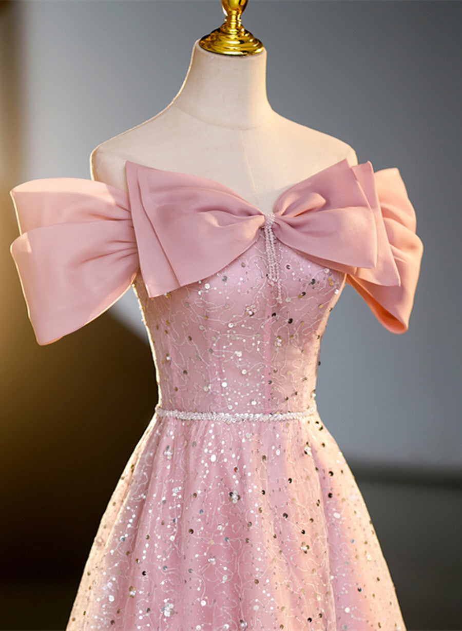 Vestido de fiesta largo de tul brillante con hombros descubiertos en rosa 