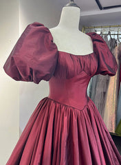 Vestido formal largo de manga corta de tafetán rojo vino 