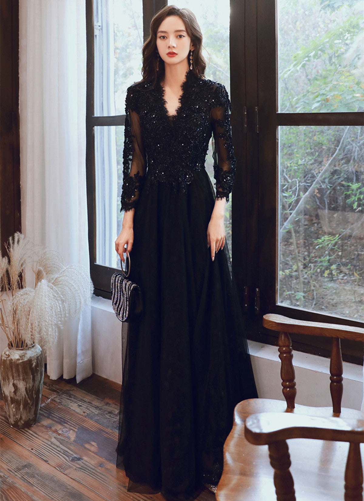 Vestido de fiesta de tul negro con mangas largas y encaje, corte A 