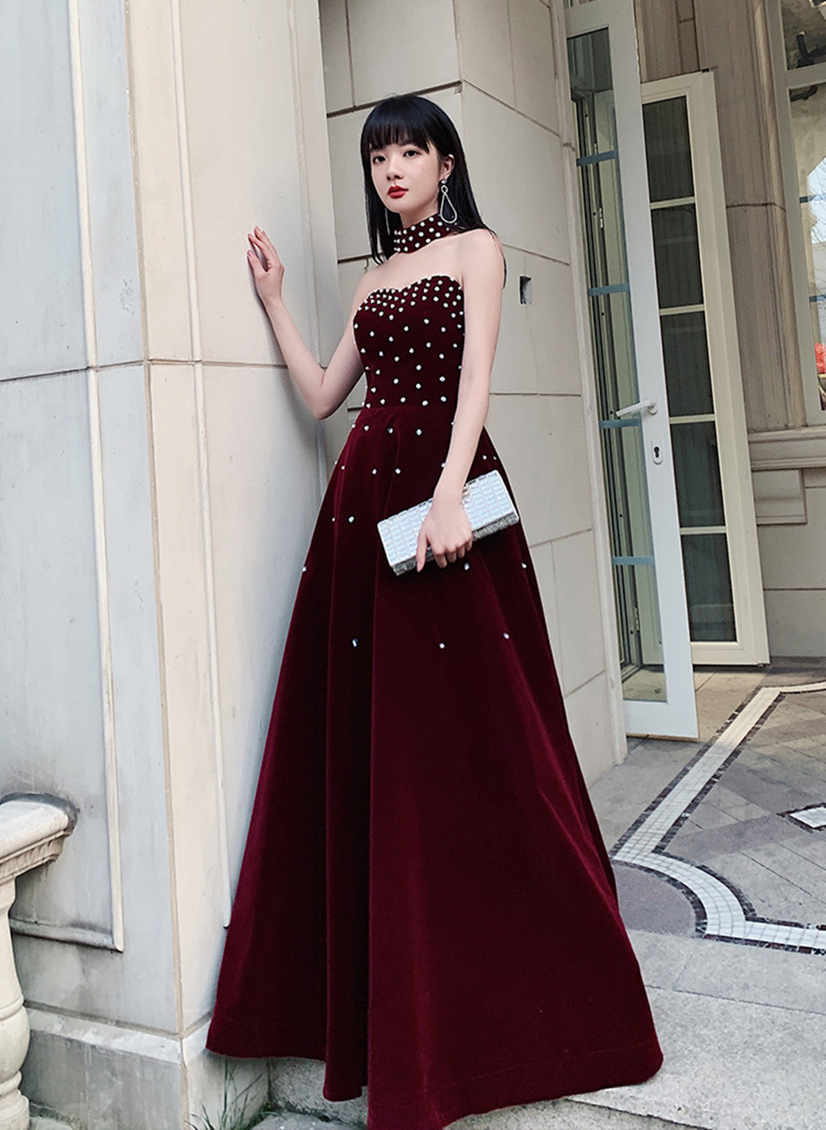 Wine Red Velvet Beaded Long Prom Dress