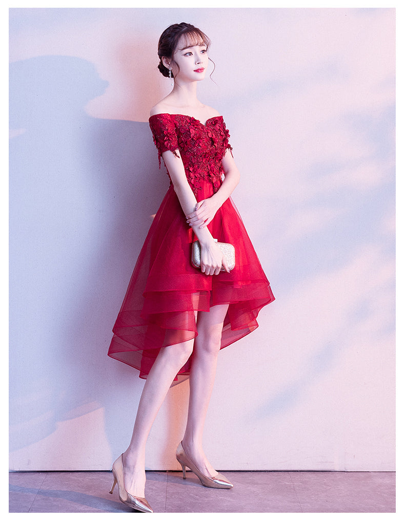 Red High Low Lace Flowers Tulle Off Shoulder Party Dress