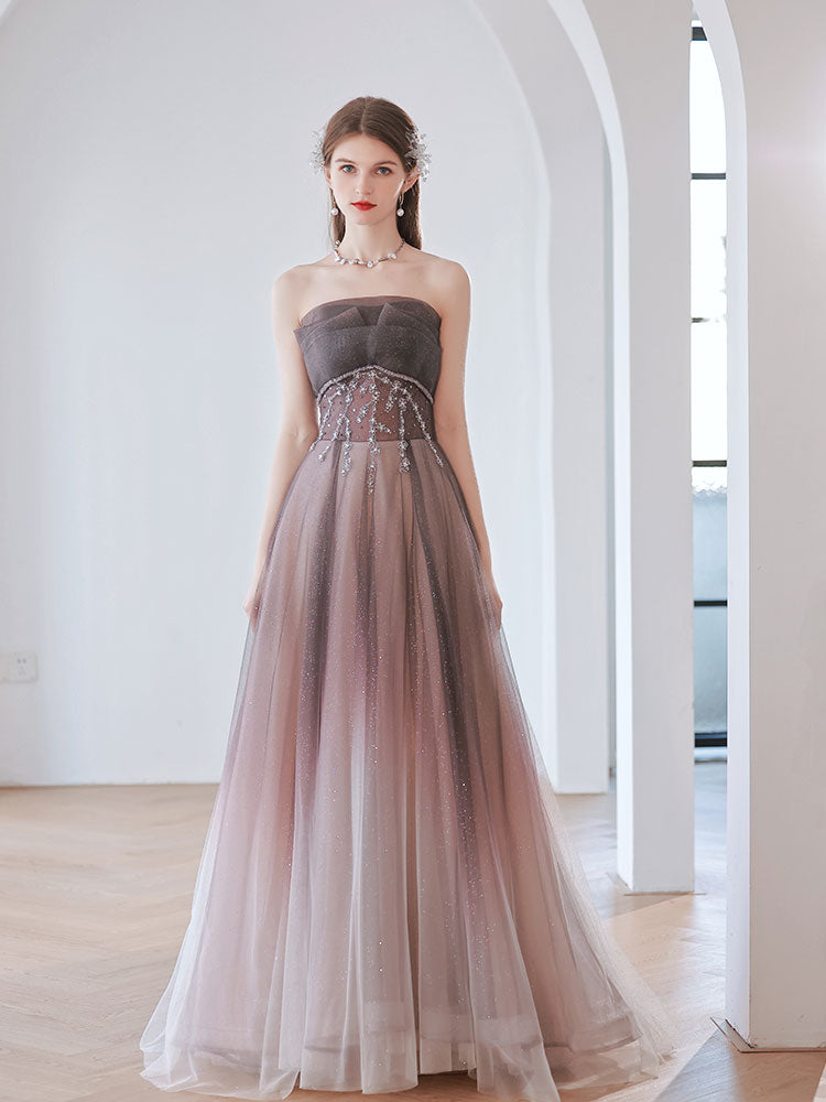 Charming Gradient A-line Pink Beaded Long Evening Gown