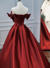 Wine Red Satin A-line Beaded Off Shoulder Party Dress