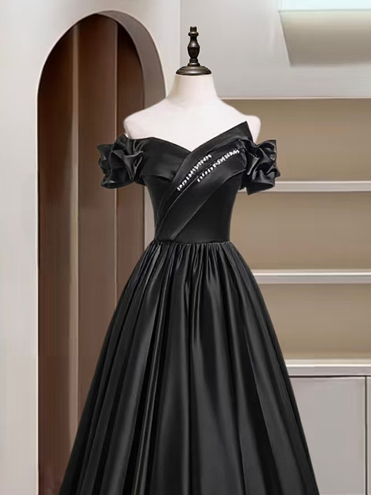 A-line Black Satin Sweetheart Off Shoulder Prom Dress