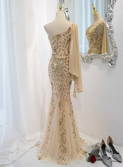 Lovely One Shoulder Champagne Sequins Mermaid Prom Dress