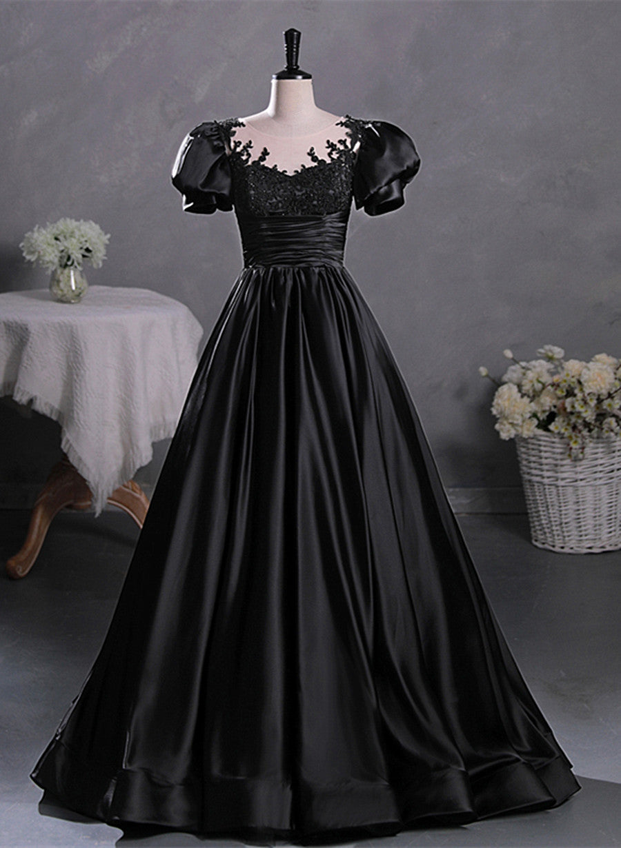 Black Satin A-line Floor Length Long Party Dress with Lace