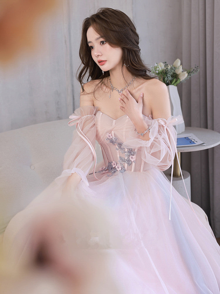 Light Pink Off Shoulder A-line Tulle Prom Dress with Lace