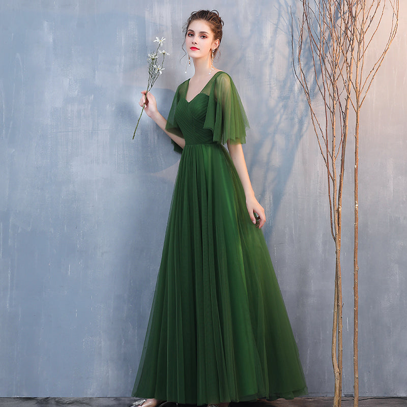 Vestido de noche largo formal de tul verde oscuro con corte A 