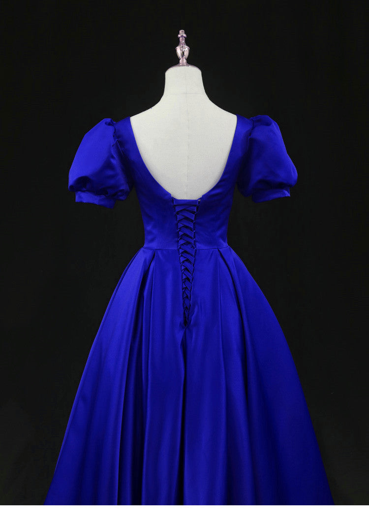 Vestido de fiesta de boda de satén azul real hasta la rodilla 