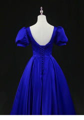 Vestido de fiesta de boda de satén azul real hasta la rodilla 