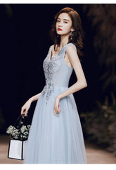 Light Blue V-neckline Tulle Long Prom Dress