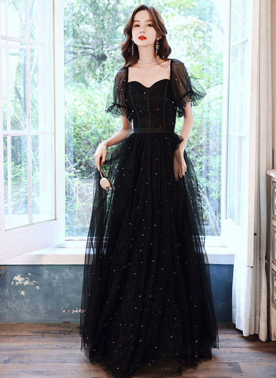 Black Off Shoulder Tulle Long Party Dress