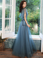Vestido de fiesta largo de tul azul verdoso con corte A y encaje 